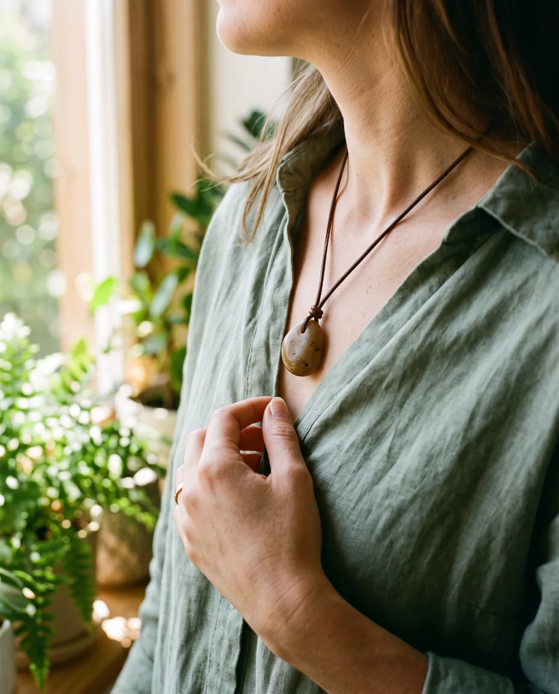 Ciondolo in pietra naturale indossato con una camicia di lino