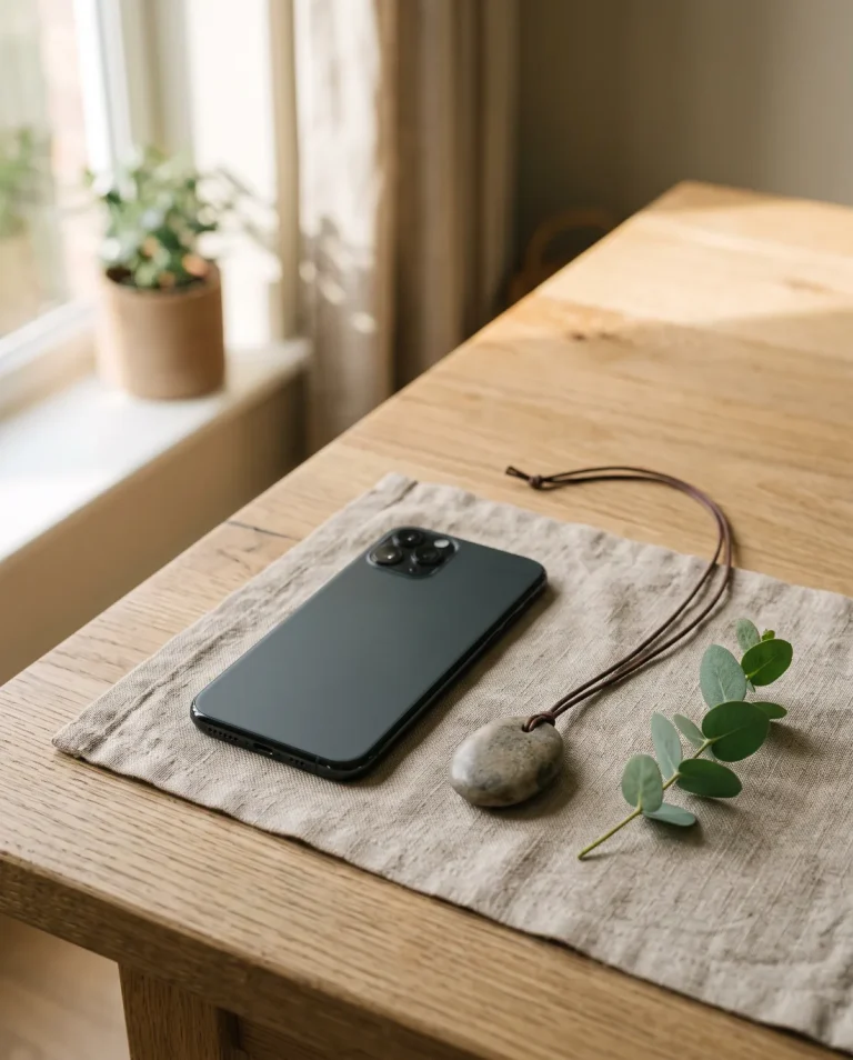 Smartphone accanto a un ciondolo in pietra su lino naturale