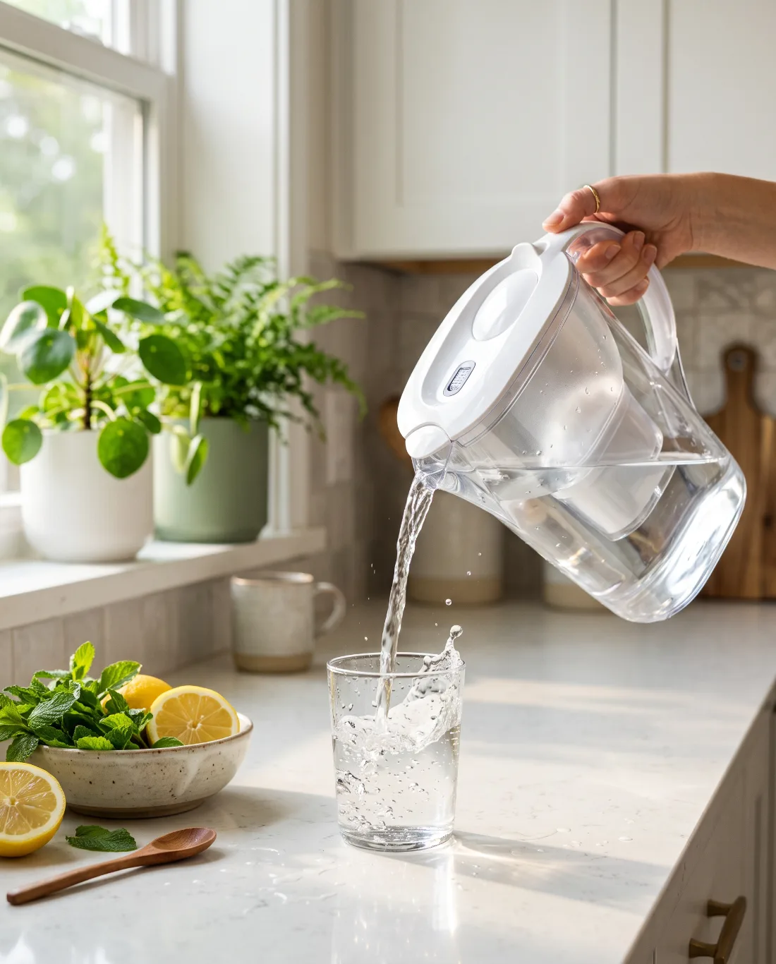 Acqua fresca versata da una caraffa filtrante
