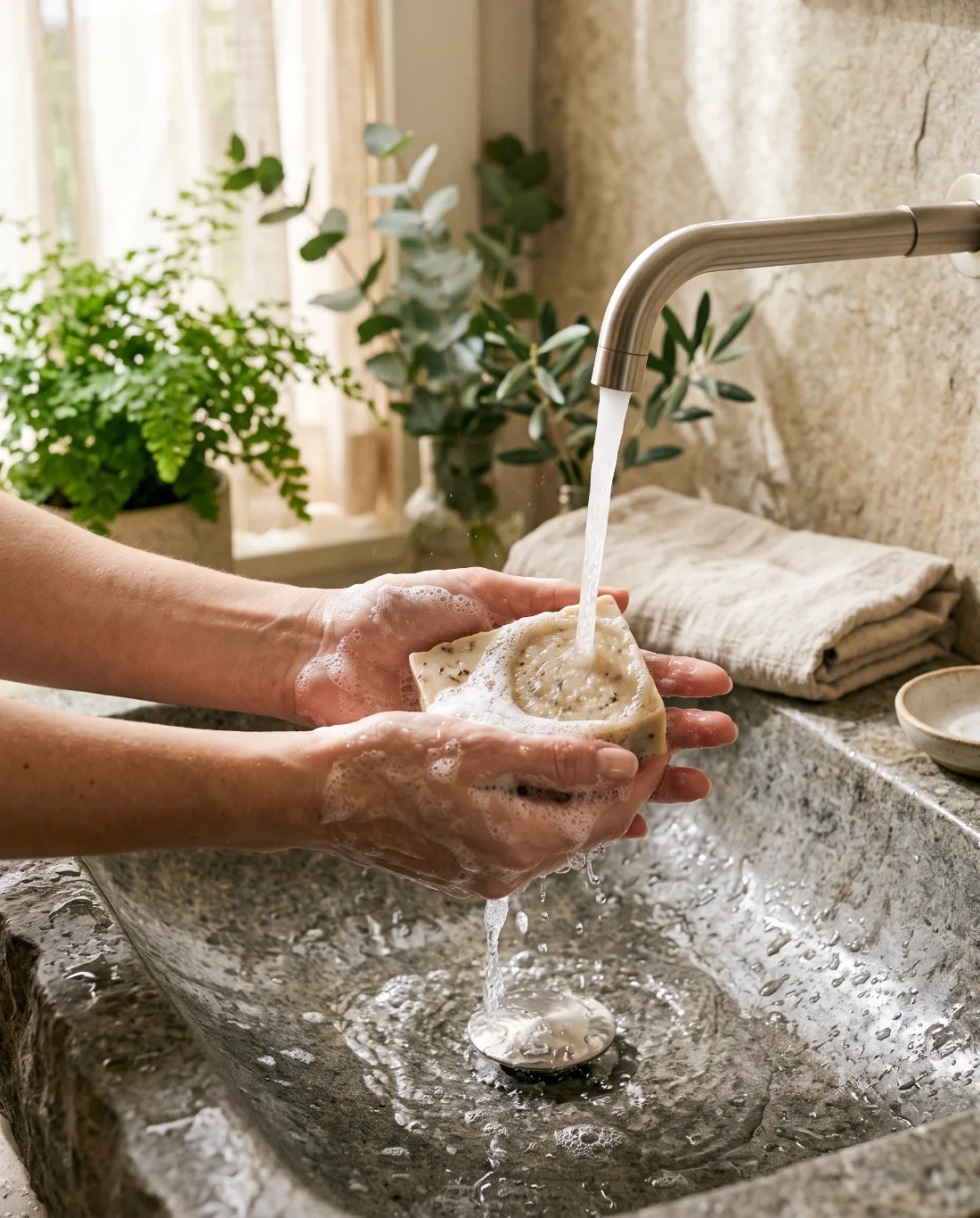 Mani che usano una saponetta naturale
