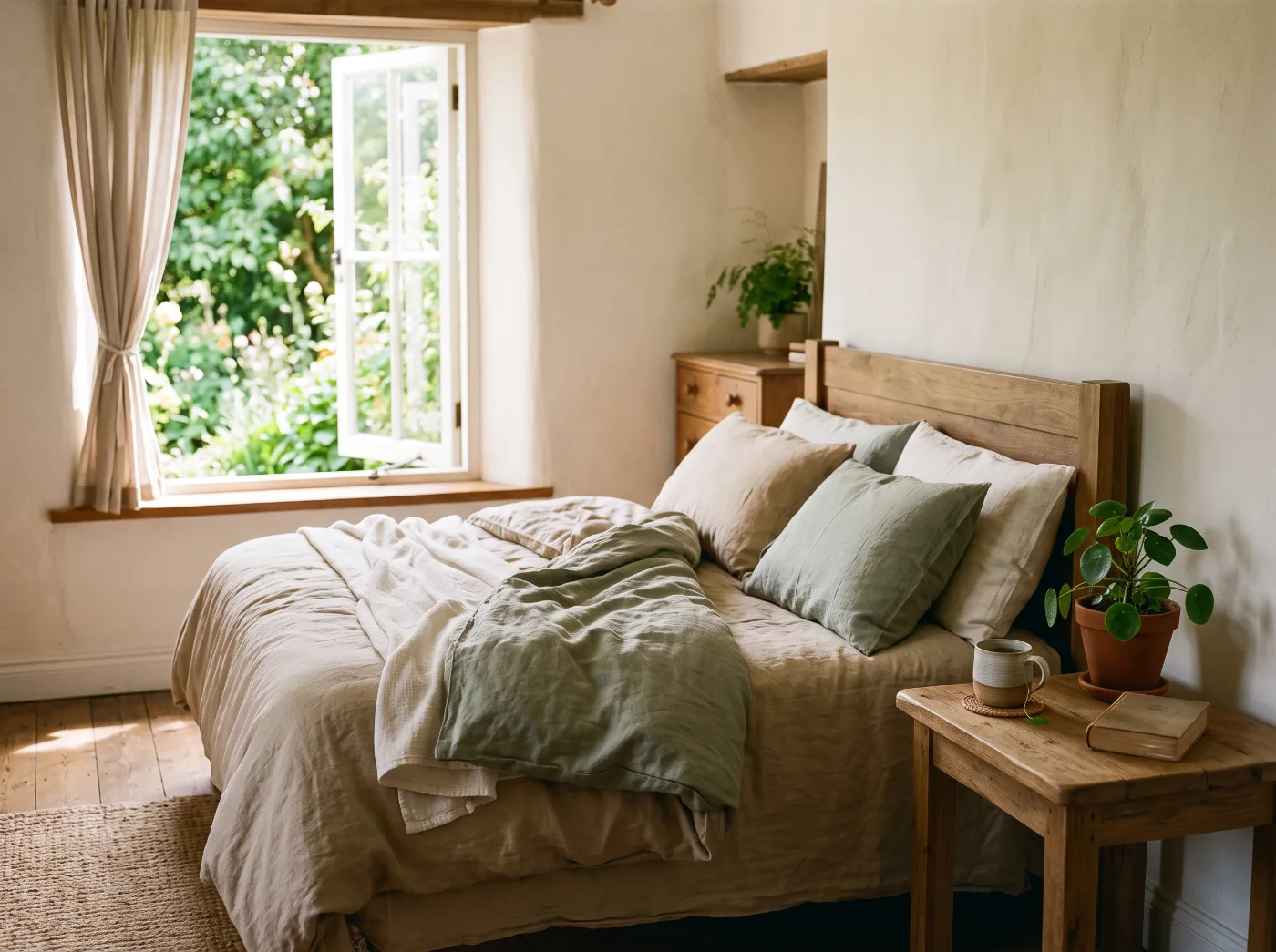 Camera da letto serena con luce naturale e piante