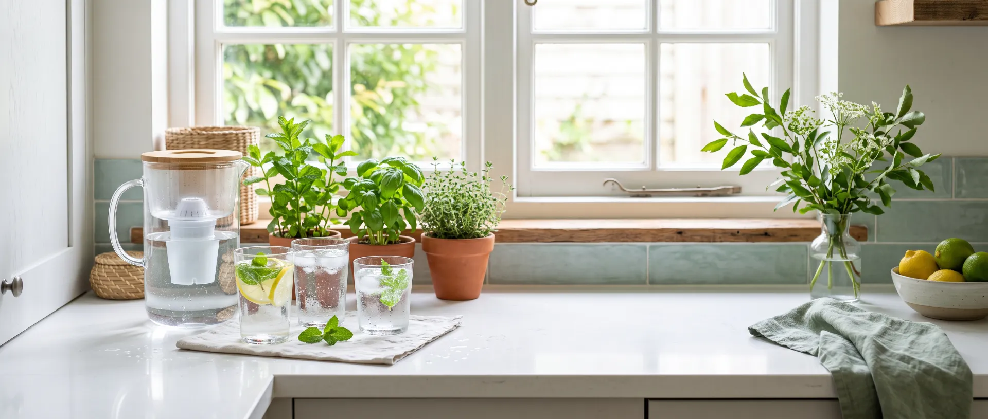 Caraffa filtrante e bicchieri di acqua fresca in cucina
