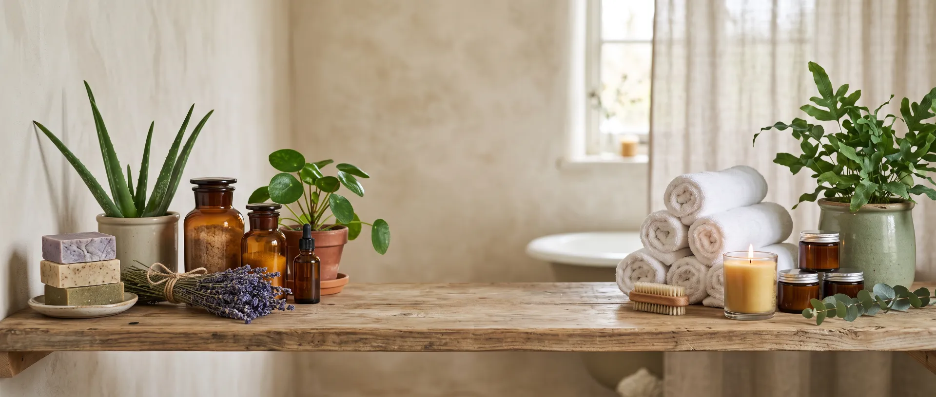Saponette naturali, aloe e lavanda in un bagno luminoso